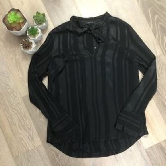 bobi BLACK  Black Long Sleeve Long Sleeve Keyhole Tie Neck Blouse Small Office - Picture 1 of 7